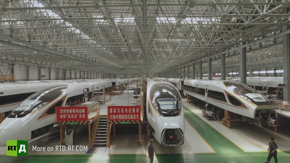 Warehouse stocked with Chinese high speed trains. Still taken from RTD documentary Chinese Speed in the This is China series.