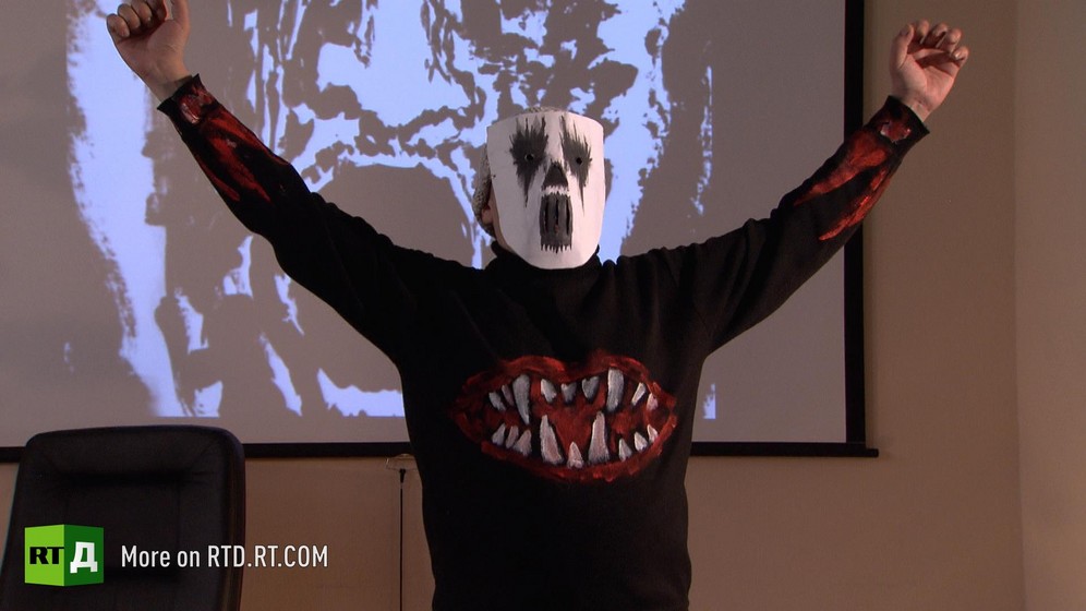 A male criminally insane in a mask he painted / RTD documentary, Imprisoned by Insanity.