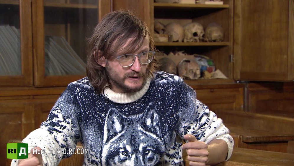 Stanislav Drobyshevsky sitting in lecture hall at Moscow State University Antropology Department